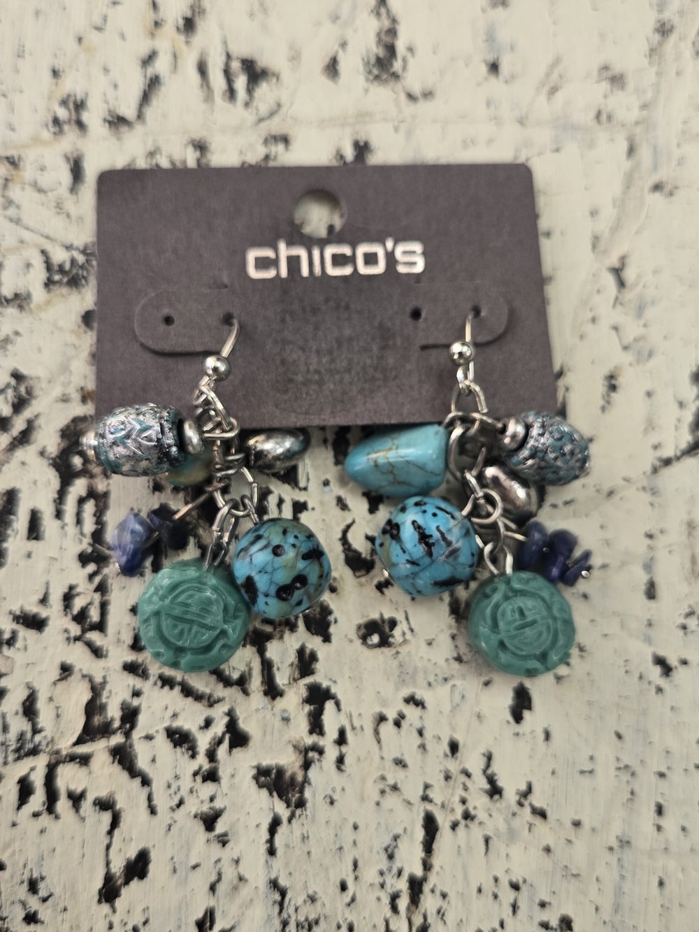 Chico’s Turquoise Blue Cluster Beaded Dangle Earrings Silver Tone NWT